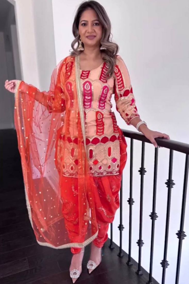 Beige Net Dhoti Style Anarkali Suit Wedding Wear - Hijab Online