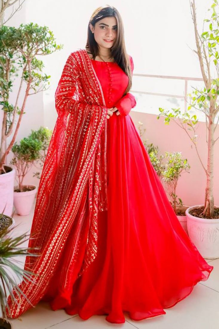 Readymade gowns, Kalamkari Printed gowns, Red color gowns with dupatta  collection.