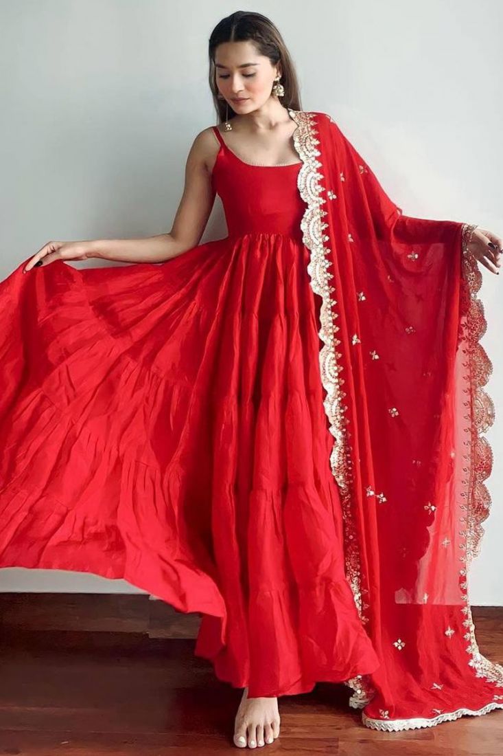 Plain red frock on sale