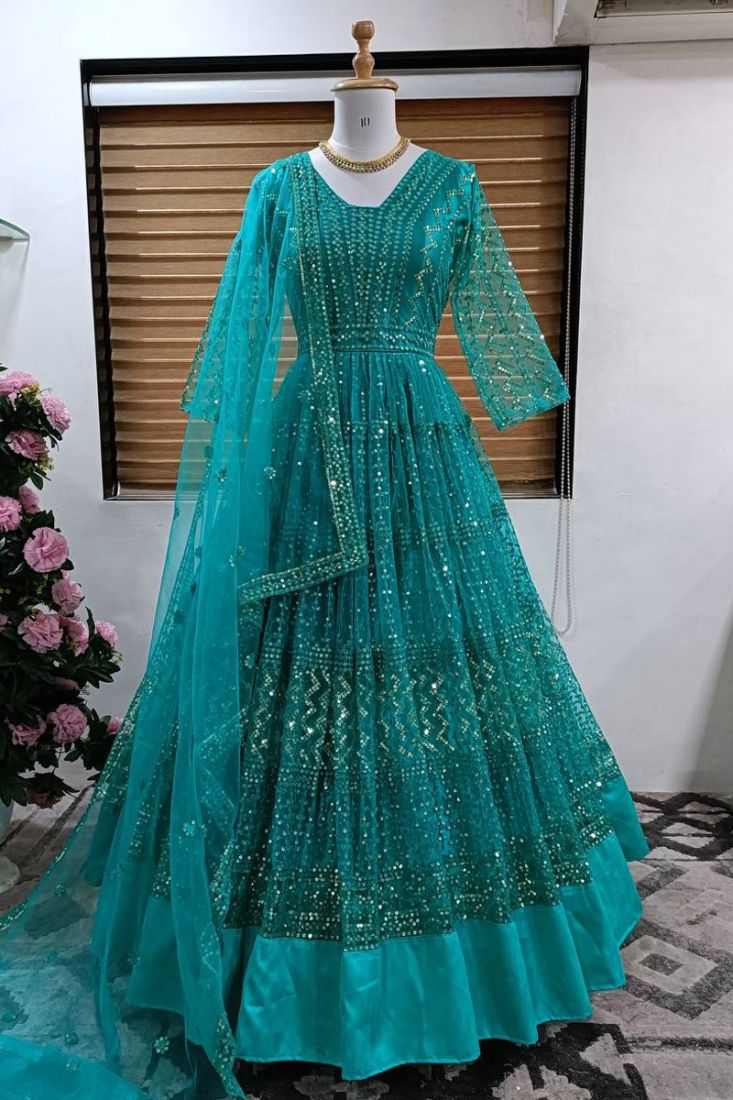 Blue Butterfly Net Heavy Embroidery Work Ruffle 3 Layer Designer Gown in  USA, UK, Malaysia, South Africa, Dubai, Singapore