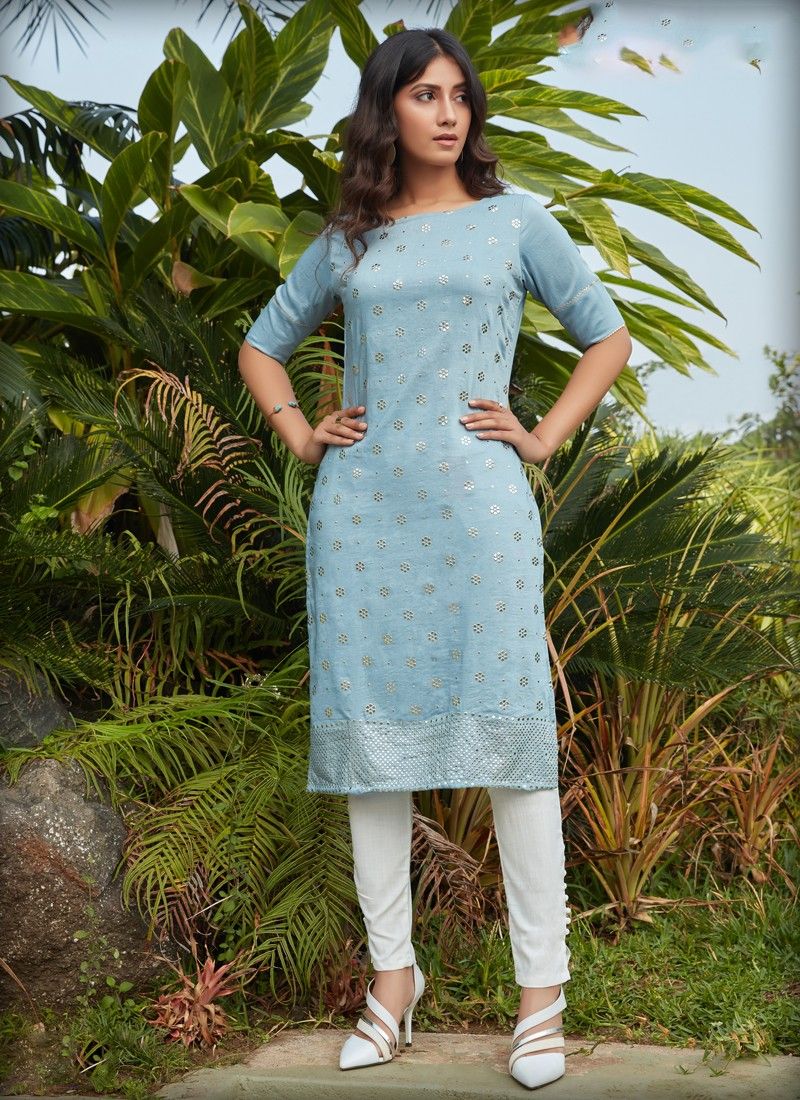 sky blue cotton half sleeves kurti ft700003