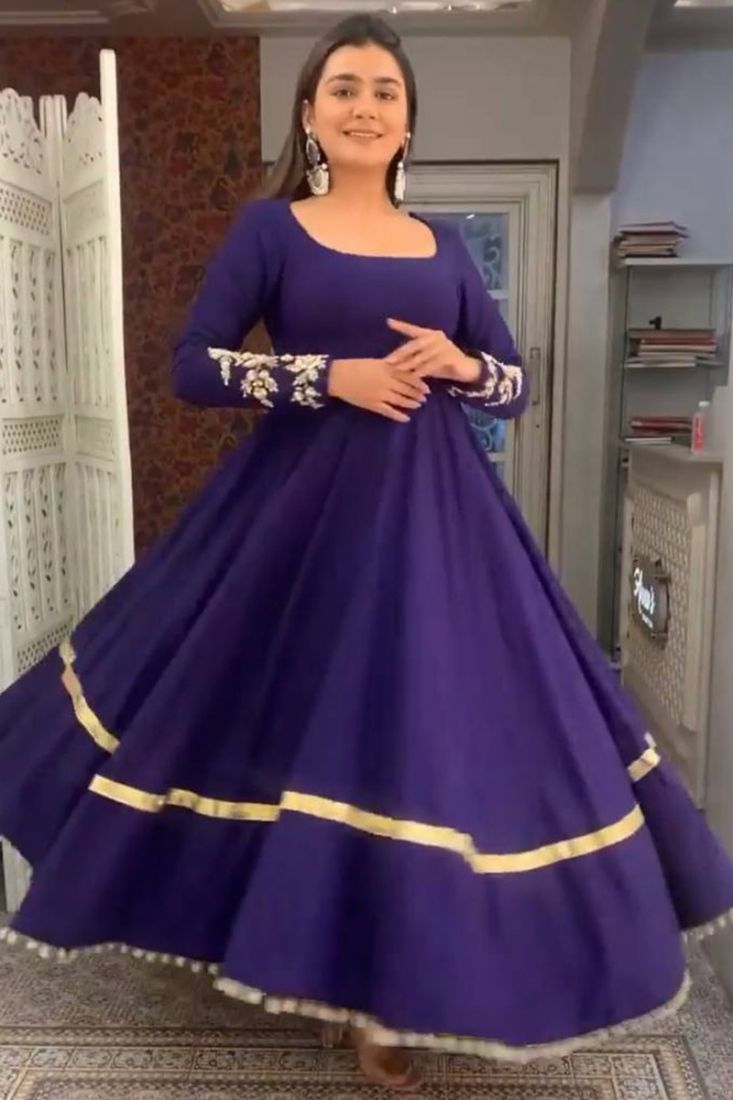 Violet Plain Long Anarkali Style Gown For Diwali Festival
