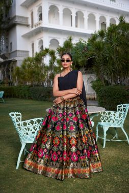 Lehenga in Black Zari Woven Banarasi Silk with a Stylish Plain Blouse Georgette