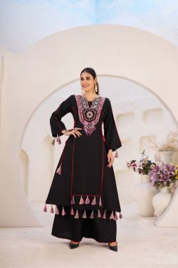 Black Rayon Kurti Plazo Cord Set with Raal Mirror Work and Thread