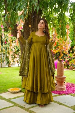 Anarkali suit set in chiffon with embroidered palazzo and dupatta