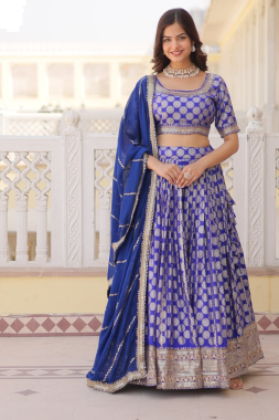 Dark Blue Pure Dyable Viscose Jacquard Lehanga Choli Dupatta Set
