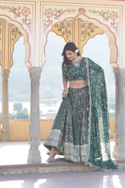 Dark Green Pure Viscose Lehanga Choli Dupatta Set Embroidered
