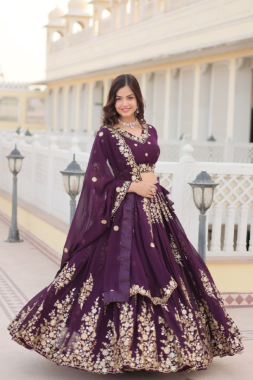 Dark Purple Faux Georgette Lehanga Choli Dupatta Set