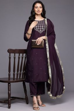 Elegant Silk Blend with Dark Wine Set of Kurta pants with embroidery 