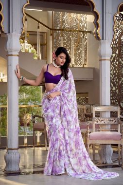 Moonga Silk Blouse with Lavender Floral Printed Marble Look Saree