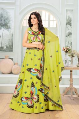 Embroidered Lehanga Blouse Dupatta Set in Green Faux Georgette