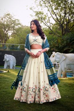 Gaji Silk Dupatta with Teal Embroidered Khadi Cotton Navratri Lehenga Choli