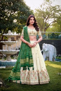 Green Khadi Cotton Embroidered Lehenga Choli with Gaji Silk Dupatta for Navratri