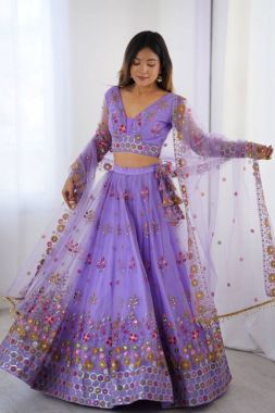 Elegant Lavender Soft Net Lehenga Set with Thread Sequence and Semi-Stitching 