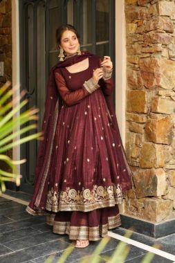 Elegant Maroon Top-Gown, Dupatta, and Plazo Set in Heavy Crunchy Silk 