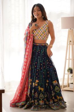 Heavy Lace Work on a Multicolored Special Lehenga Choli Set for Navratri 