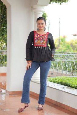 Peplum Kurti in Multicolored Roman Fabric with Gamthi Work