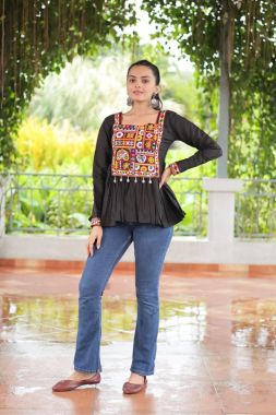 Peplum Kurti in Multicolored Roman Fabric with Gamthi Work