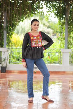 Peplum Kurti in Multicolored Roman Fabric with Gamthi Work