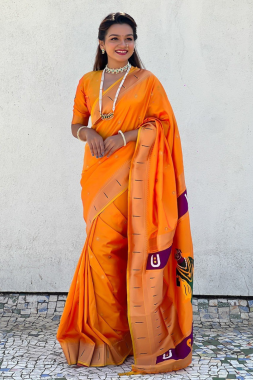 Orange Soft Silk sarees with floral motifs weaves