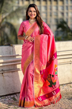 Pink Soft Silk sarees with floral motifs weaves