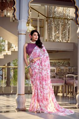 Moonga Silk Blouse with Pink Floral Printed Marble Look Saree