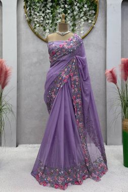 Purple Color Wedding Wear Tibby Silk Pearl Work Fancy Saree