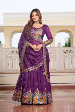 Vichitra Lehenga Choli Dupatta Set in Purple, Fully Embroidered