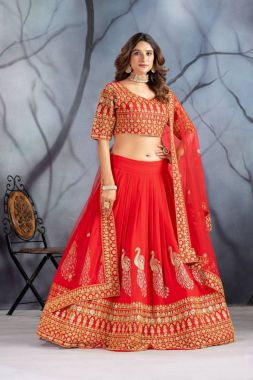 Red Lehanga Blouse Dupatta Set in Faux Georgette