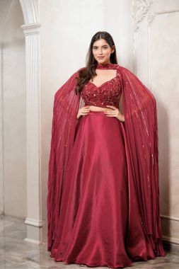 Sequenced Red Japanese Satin Silk Lehenga Blouse and Dupatta Set