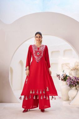 Thread & Raal Mirror Work Red Rayon Kurti Plazo Cord-Set