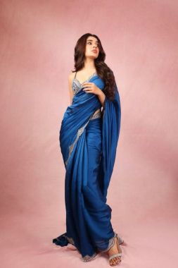 Embroidered Royal Blue Two-Tone Vichitra Silk Saree