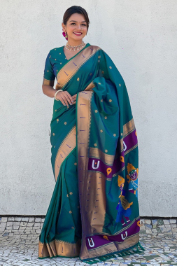 Sea Blue Soft Silk sarees with floral motifs weaves
