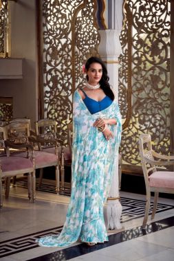Moonga Silk Blouse with Sky Blue Floral Printed Marble Look Saree