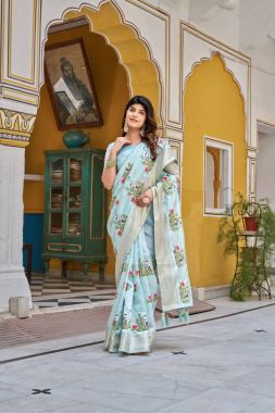 Jacquard border and embroidery thread work on a sky blue Kota crystal saree