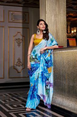 Designer Moonga Silk Blouse with Sky Blue Luxurious Satin Silk Saree