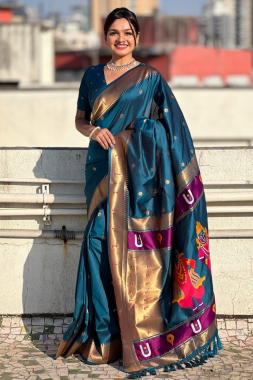 Teal Soft Silk sarees with floral motifs weaves
