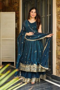 Plazo Set, Dupatta, and Teal Elegant Heavy Crunchy Silk Top-Gown 
