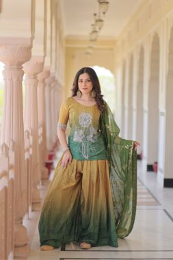 Sharara Kurta Set in Chinnon with Embroidered Dupatta