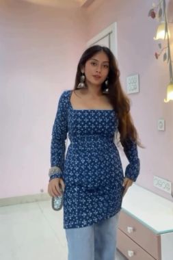 Handblock Printed Cotton Kurti with Square Neckline
