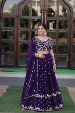Violet Faux Georgette Lehanga Choli Dupatta Set Embroidered