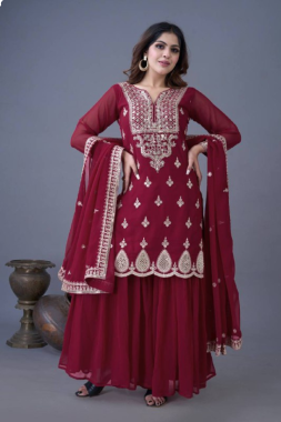 Wine Heavy Georgette Embroidered Sharara Dupatta Set