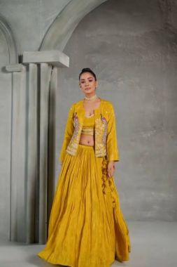 Yellow Chinon Lehenga with Embroidered Jacket and Crop Top