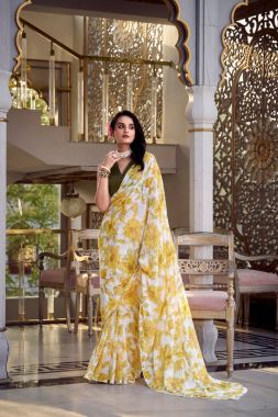 Moonga Silk Blouse with Yellow Floral Printed Marble Look Saree