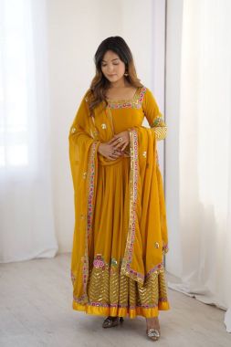 Sequin embroidery on a yellow heavy georgette anarkali gown set 