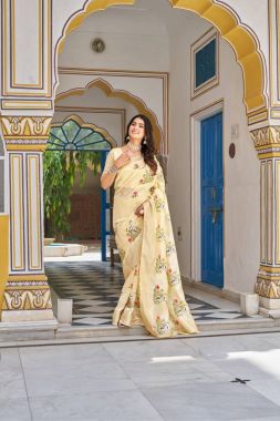 Jacquard border and embroidery thread work on a yellow Kota crystal saree
