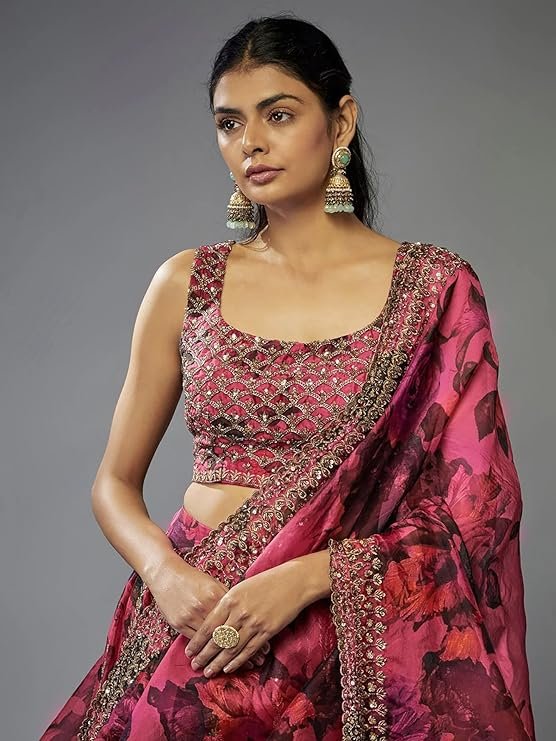 Pink Organza Semi-Stitched Lehenga Choli Set with Zari & Sequence Work