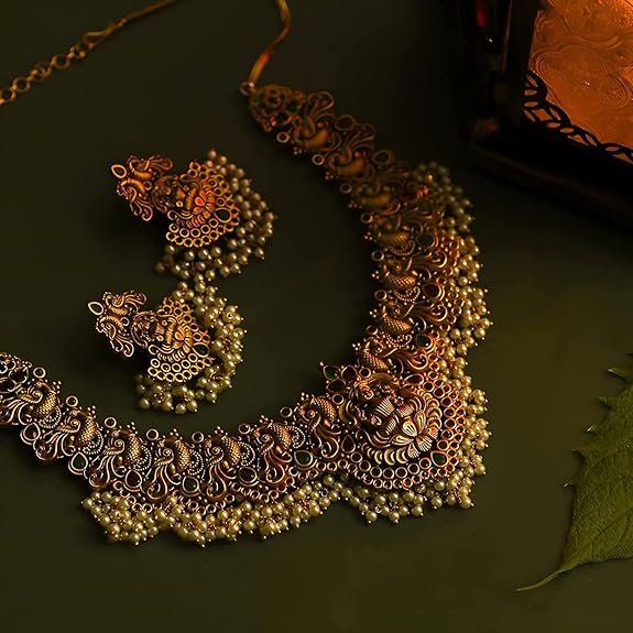 Shining Diva Traditional Pearl Choker & Temple Jewelry Set | 22k Gold Plated