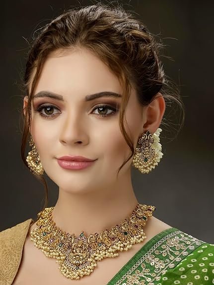 Shining Diva Traditional Pearl Choker & Temple Jewelry Set | 22k Gold Plated
